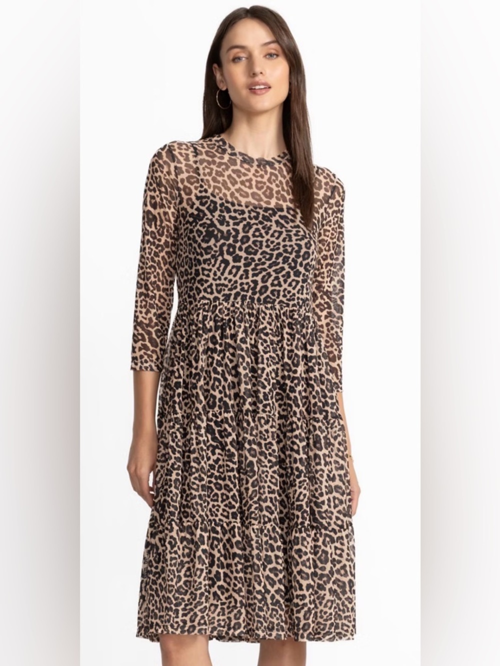 Johnny Was 3/4 Sleeve Mesh Tiered Dress